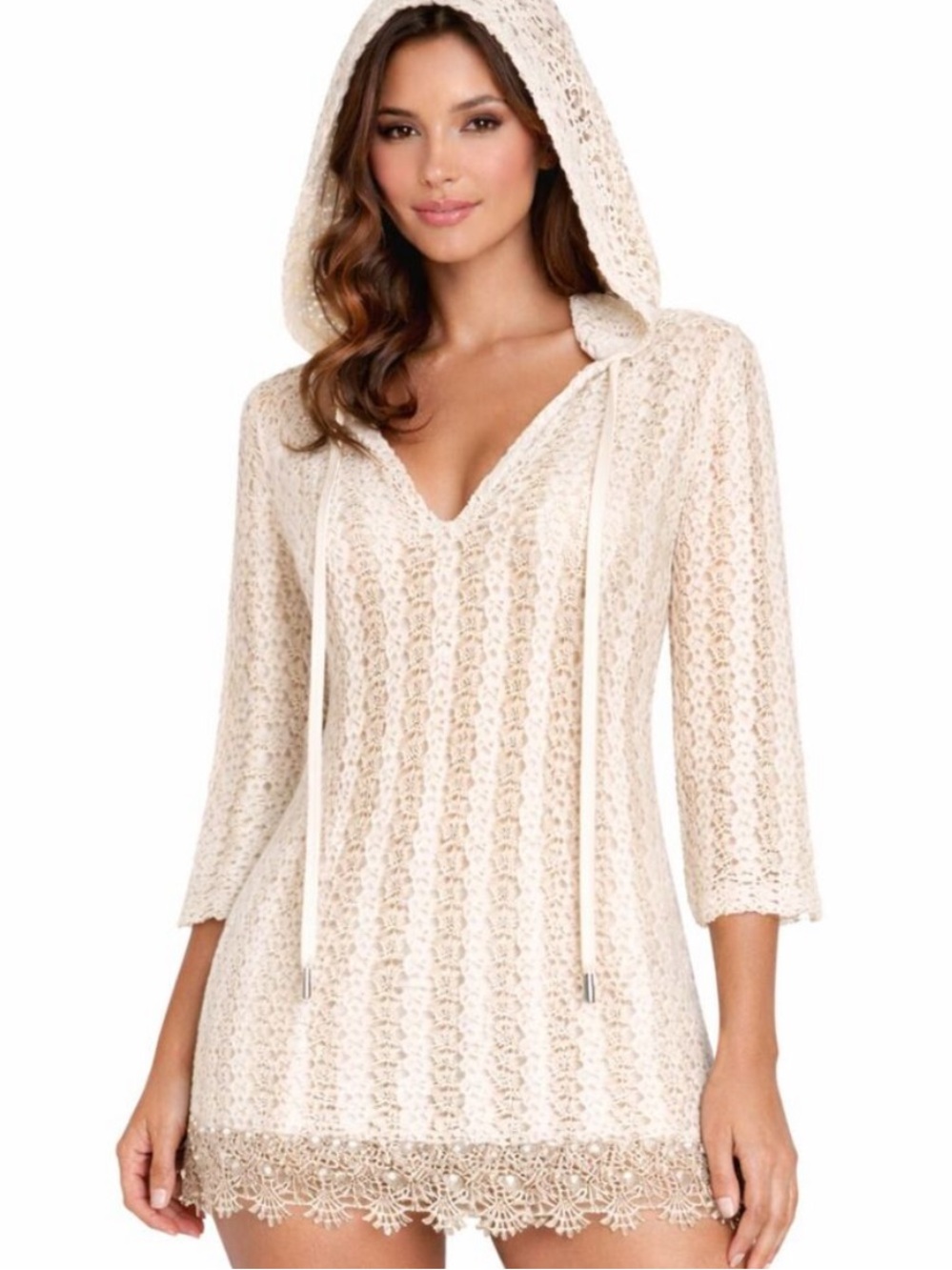 Solitaire Swim Ivory Crochet Lace Hooded Tunic